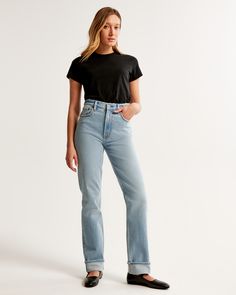 Evoke the nostalgia of the 90s with these ultra high-rise straight jeans from Abercrombie & Fitch. Perfectly tailored to flatter your silhouette, these jeans blend classic style with modern comfort.

- Size: 32 SHORT
- Color: Light with Cuff Hem
- Material: Pocket Bag - Polyester, Cotton
- Gender: Female
- Features: 11.5” ultra high rise, fitted at the top, eases through the thigh, straight leg, full-length inseam, vintage stretch fabric

Crafted to provide a slight stretch while maintaining an 90s Straight Jeans, Female Features, Women's Bottoms, Jeans Light, Pocket Bag, Chic Woman, High Rise Jeans, Color Light, Straight Jeans