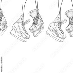 four pairs of shoes hanging from strings with laces on the bottom and one shoe in the