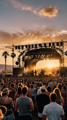 a large group of people standing in front of a stage with palm trees at sunset