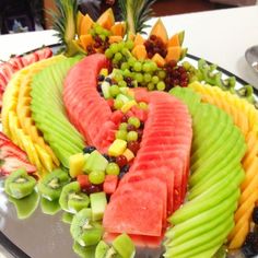 a platter filled with lots of different types of fruit