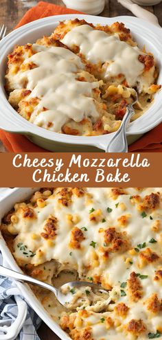 cheesy mozzarella chicken bake in a white casserole dish