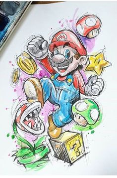 a drawing of a mario bros character on paper