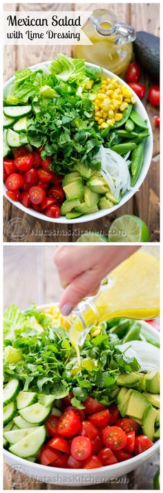 the salad is prepared and ready to be eaten with dressings on it, including tomatoes, lettuce, cucumber, corn, avocado, and parsley