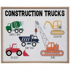 construction trucks are depicted in this wooden frame