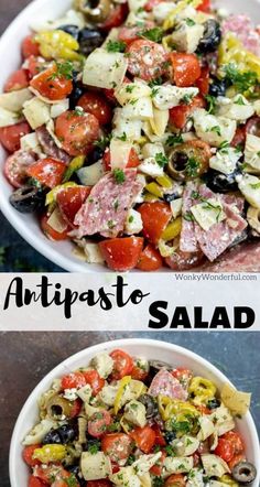 two bowls filled with different types of food and the words low carb antipasto salad