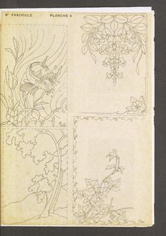 an old book with drawings on it and other things in the pages, including flowers