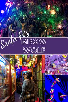 a woman standing in front of a store filled with christmas lights and decorations that read, it's snow meow wolf