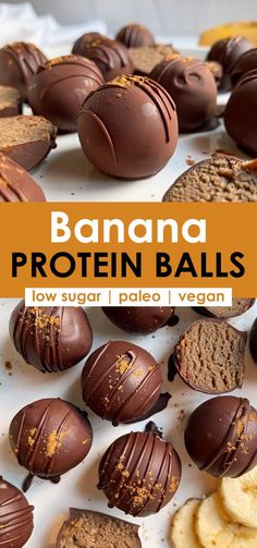 chocolate covered peanut butter balls on a white plate with text overlay that reads, banana protein balls