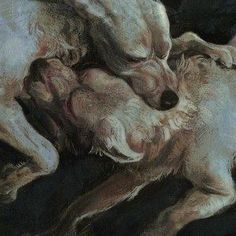 a painting of two dogs playing with each other