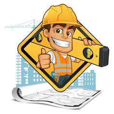 a construction worker holding up a yellow sign in front of blueprints and buildings