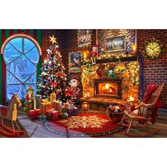 a living room decorated for christmas with presents