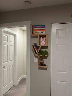 a room with two doors and some shelves on the wall next to each other in front of an open door