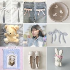 a collage of photos with various items including baby shoes, teddy bear and other things