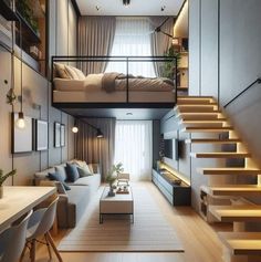 a living room with stairs leading up to the loft bed and dining table in front of it