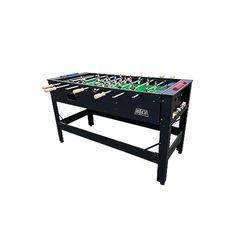 the foosball table is shown in black and has three different colors on it