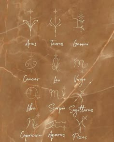 the zodiac signs are written in white ink on a brown marble background with black and white writing