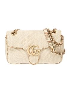 Gucci Shoulder BagNeutrals RaffiaDouble G LogoGold-Tone HardwareLeather & Snakeskin TrimChain-Link Shoulder StrapLeather & Chain-Link AccentsGrosgrain Lining & Single Interior PocketFlap & Push-Lock Closures at Front Snake Skin, Chain Link, Print Patterns, Women Handbags, Gucci, Shoulder Bag, Handbags, Chain