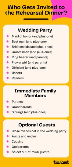 the wedding party info sheet is shown in pink, yellow and orange colors with text that reads