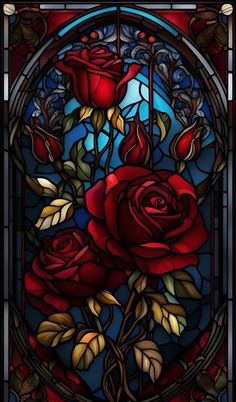 a stained glass window with red roses in it