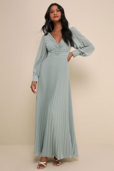 Sage Green Pleated Maxi Dress - Long Sleeve Dress - Maxi Dress - Lulus Wedding Guest Dress Sleeve, Dusty Blue Long Sleeve Dress, Sage Green Dress Long Sleeve, Green Long Sleeve Bridesmaid Dresses, Fall Engagement Dress, Mother Of The Bride Dress Blue, Light Blue Mother Of The Bride Dress, Chiffon Fabric Texture, Sage Green Wedding Guest Dress