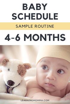 a baby is laying down with a teddy bear in his lap and the words, baby schedule sample routine 4 - 6 months