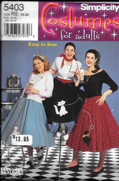 "Simplicity 5403 Vintage 1950's Poodle Cat Scotty Skirt Grease Costume Sewing Pattern. Pattern 5403 is UNCUT and in factory folds. Plus Size 14, 16, 18, 20, 22 which will fit a 28\"-37\" waist." Poodle Skirt Costume, Grease Costume, Evening Dress Sewing Patterns, Saloon Girls, 1950’s Style, Bolero Dress, Girls Jumpers, Poodle Skirt, Costume Sewing Patterns