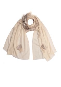 This stunning beige scarf is woven from a very fine cashmere. The uniqueness of this scarf is a stunning collar made from a combination of a tonal beige satin leaves and feathers making it a must-have Maneesha Ruia signature creation that will make heads turn whilst keeping you fashionably warm on any evening out. Luxury Beige Scarf For Fall, Elegant Silk Shawl For Winter, Elegant Silk Scarves For Winter, Elegant Silk Winter Scarves, Elegant Cashmere Shawl, Chic Silk Scarves For Winter, Elegant Cashmere Shawl Scarf, Elegant Beige Wool Scarf, Elegant Beige Shawl For Spring