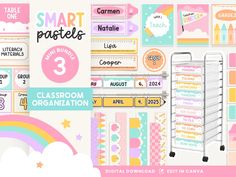 the classroom organization kit is shown in pastel colors