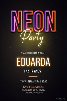 neon party flyer with the words neon party written in spanish and english, on a dark background