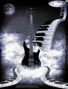 an electric guitar and piano in the clouds