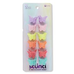 Butterfly Mini Claw Clips -  These Scunci super-small, Buffterfly Mini Claw Clips add tiny bursts of color to your hairstyle. Wear one or mix and match them to suit your mood. The range of neon shades is fashion's hottest look. Just pinch the adorable butterfly's wings to open and clip in your hair.    Features     Adorable butterfly design - just pinch the wings to open and clip! Wear them singly, in pairs or mix and match multiple clips Ideal for use on all hair types - straight, fine, coarse, Hair Clip Styles, Mini Claw Clips, Tiny Butterfly, Mini Butterfly, Small Hair Clips, Stylish Headbands, Small Butterfly, Fairy Birthday Party, Butterfly Hair Clip