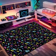 a living room filled with furniture and neon lights