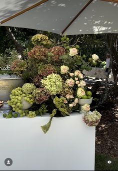 an arrangement of flowers and fruit is on display in a white box under an umbrella