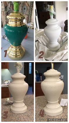 four different pictures of vases with gold and green decorations on them, including one in the middle