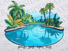 a drawing of a pool with palm trees and buildings in the background