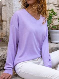 Affordable price buy T-shirts on Zolucky, SPU: 2947TO618893, Color: Purple Gray, Waistlines:Natural, Elasticity:Micro-Elasticity. Online Tops, Purple Grey, Casual Fall, Vneck Sweater, Casual Tops, Casual Shirts, Long Sleeve Tshirt, Shirt Blouses, Sweaters For Women