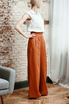 High Waisted Linen Pants, Loose Linen Pants, Parisian Women, Pants Linen, Linen Fashion, Vintage Linen, Linen Clothes, Terra Cotta