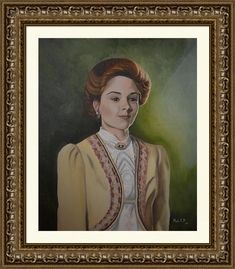 a painting of a woman with red hair in a gold frame on a green background