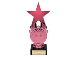 a pink trophy with a star on top and a plaque in the shape of a clock