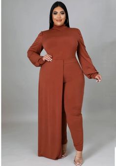 Two piece set, stretch bodysuit, round neckline, Long sleeves, Long side train, Zipper closure High waisted pants, Elastic waistband, No closure, 95% polyester, 5% spande, Great stretch, Inseam is 31 inches, Plus Size model is wearing a 2X Plus model stats Height: 5.6"Bust:45" / Waist:36" / Hips:54" Plus Size Pant Suits, Nice Jumpsuits, Being Myself, Plus Model, Plus Size Party Dresses, Plus Size Models, Beauty Standards, Plus Size Pants, Fashion Industry