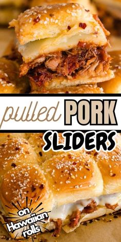 pulled pork sliders with melted cheese and onions on the side are shown in this collage