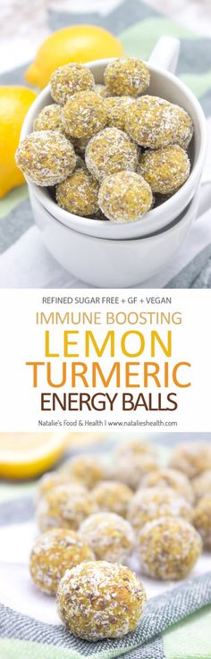 lemon turmeric energy balls are in a bowl on a table with lemons