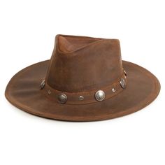 This durable classic is handmade from genuine ruff leather that keeps the sun and other elements out. A band wraps around with studs and unique Buffalo nickel metal accents with a small tie in back. Personalize this wide brimmed hat by shaping it to suit your style. The brim has hidden steel wire, so you can wear this western hat any way you want. Small: Head Measurement of 21 1/8in - 21 1/2in ; Medium: Head Measurement of 21 7/8in - 22 1/4in ; Large: Head Measurement of 22 5/8in - 23in ; X-Larg Dress With Cowboy Hat, Brown Leather Hat, Cool Dad Hats, Leather Cowboy Hats, Black Cowboy Hat, Black Cowboys, Cowboy Design, Leather Patterns, Hat Bands