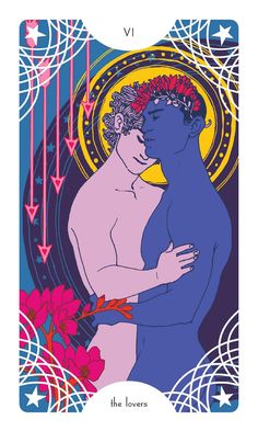 the lovers tarot card with an image of two men embracing each other and flowers in their hair