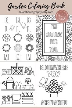 the garden coloring book is shown with flowers, plants and letters in black and white