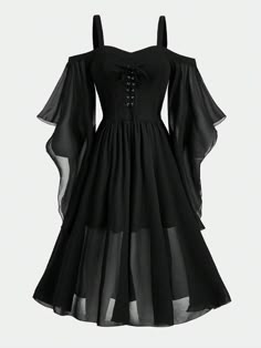 Plus Size Women Simple Solid Color Casual Spaghetti Strap Mesh Panel Dress Black Casual  Long Sleeve Chiffon Plain A Line Non-Stretch  Women Plus Clothing, size features are:Bust: ,Length: ,Sleeve Length: Witches Costumes For Women, Long Sleeve Mesh Dress, Witch Dress, Witch Halloween Costume, Bodice Dress, Dress Halloween Costume, Vestidos Vintage, Gothic Dress, Butterfly Sleeves