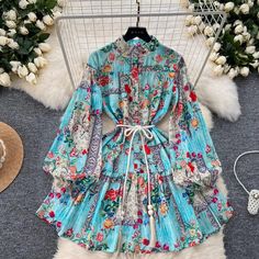 Floral Bohemian Dress with Long Puff Sleeves Women Linen Clothing, Vintage Print Dress, Linen Clothing, Womens Floral Dress, Bohemian Floral, Moda Vintage, Dress With Tie, Lantern Sleeve, Printed Dress