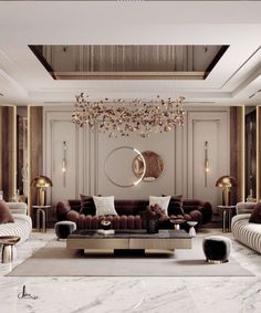 an elegant living room with marble flooring and gold chandelier hanging from the ceiling