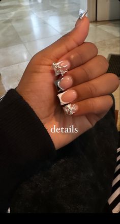 White Junk Nails Short, Short Gems Nails, Short Junk Nail Designs Square, Cute Nail Ideas Black Women, Plain Nails With Charms, Short Nail Sets Black Women, Silver Junk Nails, Dope Nail Designs Classy Short Acrylic, Short Charm Nails