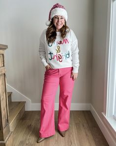 Neutral Boots, Casual Holiday Outfits, Holiday Earrings, Moms Favorite, Holiday Earring, Pink Pants, Holiday Sweater, Pink Sequin, Festive Holiday